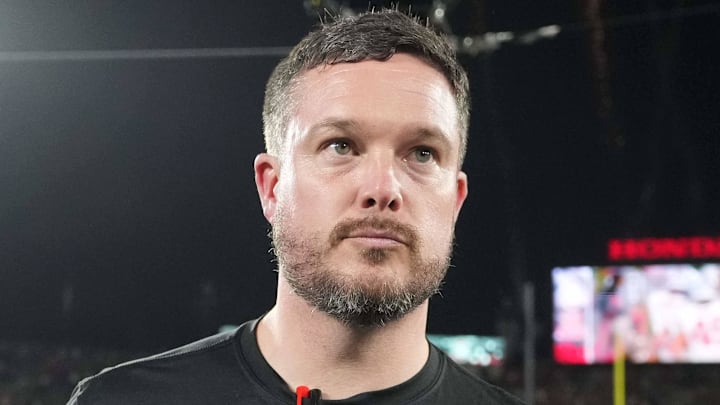 Jan 1, 2025; Pasadena, CA, USA; Oregon Ducks head coach Dan Lanning leaves the field after a CFP Quarterfinal against the Ohio State Buckeyes at Rose Bowl Stadium. Mandatory Credit: Kirby Lee-Imagn Images