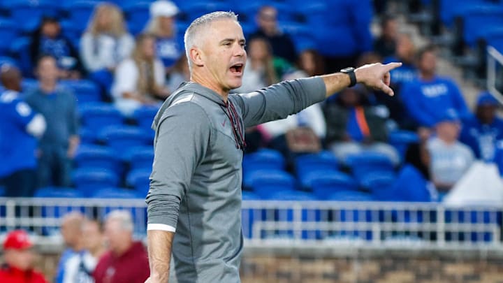 Oct 18, 2024; Durham, North Carolina, USA; Florida State Seminoles head coach Mike Norvell points prior to the first half of the game against Florida State at Wallace Wade Stadium. Mandatory Credit: Jaylynn Nash-Imagn Images