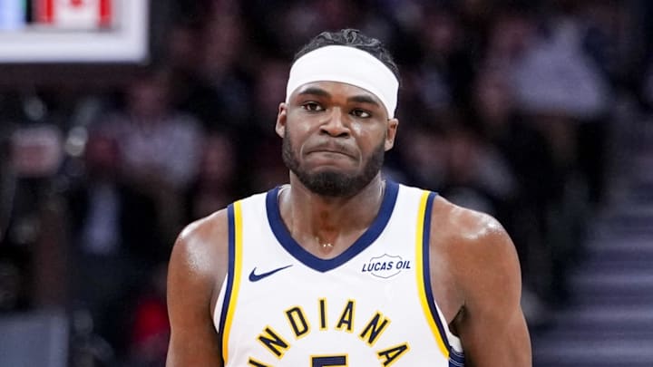 Indiana Pacers forward Jarace Walker (5) looks on against the Toronto Raptors during the second half at Scotiabank Arena.