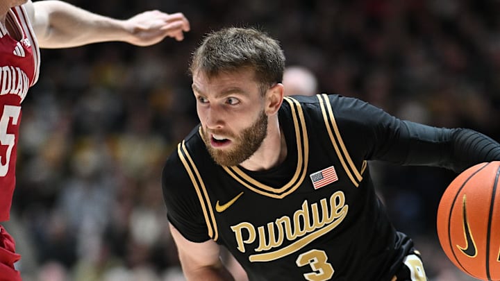 Feb 20, 2026; West Lafayette, Indiana, USA; Purdue Boilermakers guard Braden Smith (3) drives against Indiana Hoosiers guard Conor Enright (5) during the second half at Mackey Arena. Mandatory Credit: Marc Lebryk-Imagn Images Feb 20, 2026; West Lafayette, Indiana, USA; Purdue Boilermakers guard Braden Smith (3) drives against Indiana Hoosiers guard Conor Enright (5) during the second half at Mackey Arena. Mandatory Credit: Marc Lebryk-Imagn Images