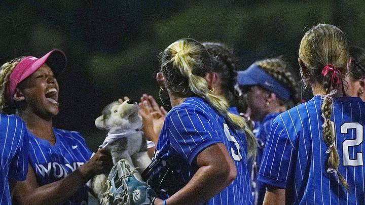Waukee Northwest softball team celebrates during the  third inning  against Ankeny Centennial in the 5A high school state softball championship at Rogers Sports Complex on July 24, 2026, Fort Dodge, Iowa,