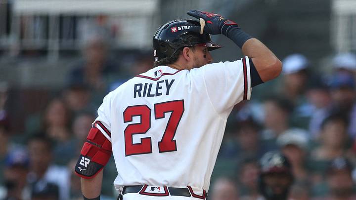 Sep 30, 2026; Cumberland, Georgia, USA;  Atlanta Braves third baseman Austin Riley (27) challenges a call in the eighth inning against the Philadelphia Phillies during game two of the Wildcard round for the 2026 MLB Playoffs at Truist Park.  Mandatory Credit: Brett Davis-Imagn Images