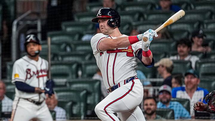 Aug 6, 2026; Cumberland, Georgia, USA; Atlanta Braves outfielder Lane Thomas (20) hits a double to drive in a run against the Miami Marlins during the sixth inning at Truist Park. Mandatory Credit: Dale Zanine-Imagn Images Aug 6, 2026; Cumberland, Georgia, USA; Atlanta Braves outfielder Lane Thomas (20) hits a double to drive in a run against the Miami Marlins during the sixth inning at Truist Park. Mandatory Credit: Dale Zanine-Imagn Images