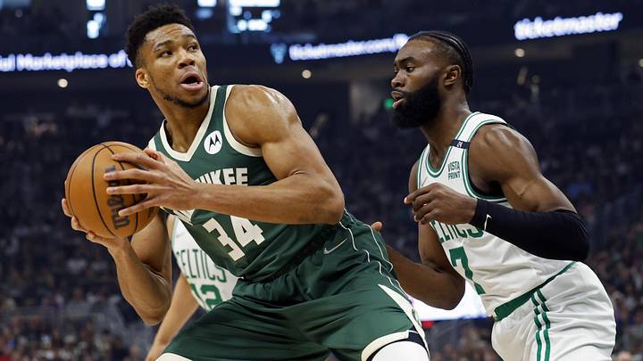 May 13, 2022; Milwaukee, Wisconsin, USA; Milwaukee Bucks forward Giannis Antetokounmpo (34) looks to shoot against Boston Celtics guard Jaylen Brown (7) during the first quarter during game six of the second round for the 2022 NBA playoffs at Fiserv Forum. Mandatory Credit: Jeff Hanisch-Imagn Images May 13, 2022; Milwaukee, Wisconsin, USA; Milwaukee Bucks forward Giannis Antetokounmpo (34) looks to shoot against Boston Celtics guard Jaylen Brown (7) during the first quarter during game six of the second round for the 2022 NBA playoffs at Fiserv Forum. Mandatory Credit: Jeff Hanisch-Imagn Images