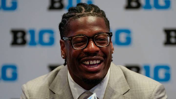 Jul 23, 2025; Las Vegas, NV, USA; Northwestern defensive lineman Anto Saka speaks to the media during the Big Ten NCAA college football media days at Mandalay Bay Resort. Mandatory Credit: Lucas Peltier-Imagn Images