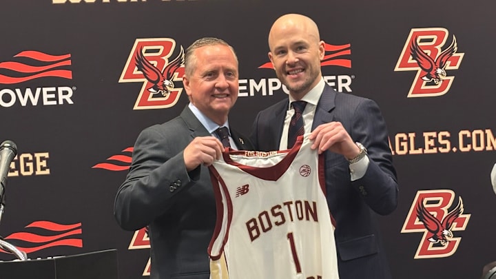 Boston College men's basketball head coach Luke Murray and athletic director Blake James at Murray's introductory press conference on March 31, 2026. 