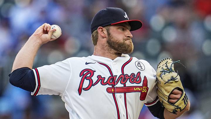 Jun 2, 2026; Cumberland, Georgia, USA; Atlanta Braves pitcher Bryce Elder (55) pitches against the Toronto Blue Jays during the first inning at Truist Park. Mandatory Credit: Dale Zanine-Imagn Images
