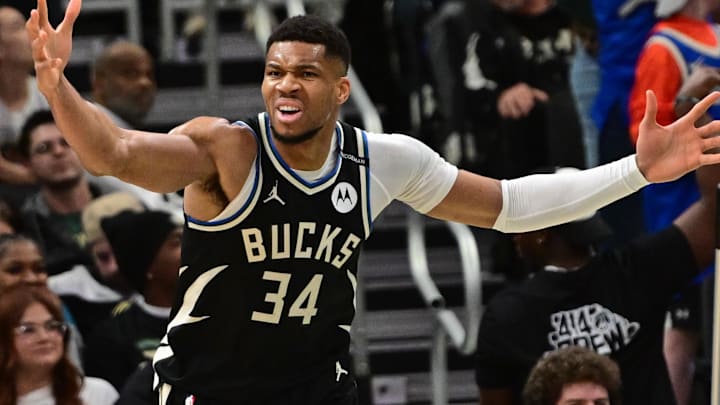 Apr 10, 2025; Milwaukee, Wisconsin, USA; Milwaukee Bucks forward Giannis Antetokounmpo (34) reacts in the second quarter against the New Orleans Pelicans at Fiserv Forum. Mandatory Credit: Benny Sieu-Imagn Images