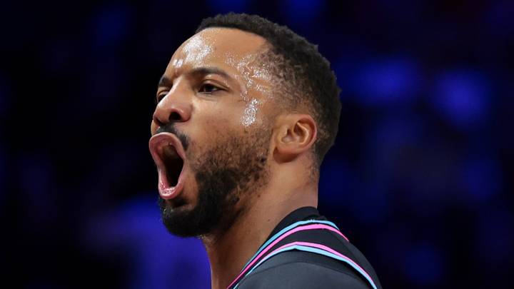 Jan 3, 2026; Miami, Florida, USA; Miami Heat guard Norman Powell (24) reacts after scoring against the Minnesota Timberwolves during the third quarter at Kaseya Center. Mandatory Credit: Sam Navarro-Imagn Images