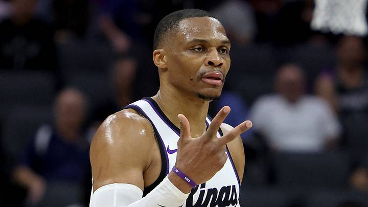 Mar 8, 2026; Sacramento, California, USA; Sacramento Kings guard Russel Westbrook (18) reacts after making a three-point basket against the Chicago Bulls during the second quarter at Golden 1 Center. Mandatory Credit: Dennis Lee-Imagn Images