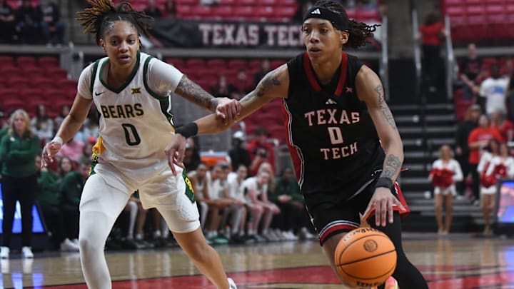 Texas Tech's Snudda Collins dribbles against Baylor in a Big 12 women's basketball game Wednesday, Feb. 18, 2026, at United Supermarkets Arena.