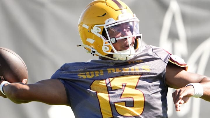 Arizona State quarterback Cameron Dyer (13) during practice on March 24, 2026, at Kajikawa Practice Fields in Tempe. Arizona State quarterback Cameron Dyer (13) during practice on March 24, 2026, at Kajikawa Practice Fields in Tempe.