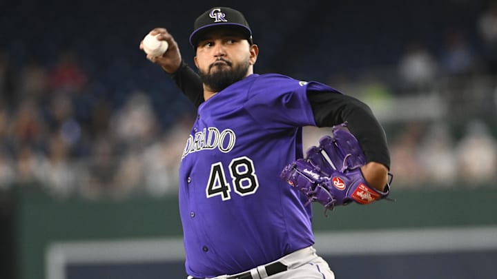 Jun 18, 2025; Washington, District of Columbia, USA; Colorado Rockies starting pitcher German Marquez (48) throws to the Washington Nationals during the first inning at Nationals Park.