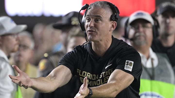 Oct 4, 2025; Tallahassee, Florida, USA; Florida State Seminoles head coach Mike Norvell during the first half against the Miami Hurricanes at Doak S. Campbell Stadium. Mandatory Credit: Melina Myers-Imagn Images Oct 4, 2025; Tallahassee, Florida, USA; Florida State Seminoles head coach Mike Norvell during the first half against the Miami Hurricanes at Doak S. Campbell Stadium. Mandatory Credit: Melina Myers-Imagn Images