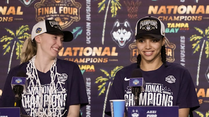 UConn stars Paige Bueckers and Azzi Fudd speak to the media after winning the national championship.