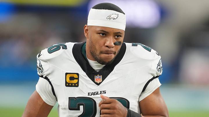 Philadelphia Eagles running back Saquon Barkley (26) looks on before the game against the Los Angeles Chargers at SoFi Stadium. Philadelphia Eagles running back Saquon Barkley (26) looks on before the game against the Los Angeles Chargers at SoFi Stadium.