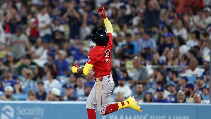 Jul 31, 2026; Los Angeles, California, USA;  Boston Red Sox center fielder Ceddanne Rafaela (3) reacts after hitting a two-run home run during the seventh inning against the Los Angeles Dodgers at Dodger Stadium. Mandatory Credit: Kiyoshi Mio-Imagn Images