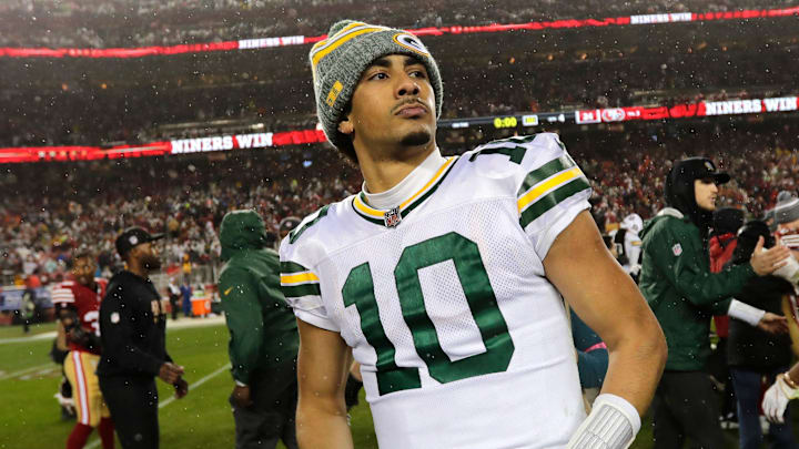 Green Bay Packers quarterback Jordan Love (10) leaves the field after losing to the San Francisco 49ers during their NFC divisional playoff football game Saturday, January 20, 2024, at Levi's Stadium in Santa Clara, California.