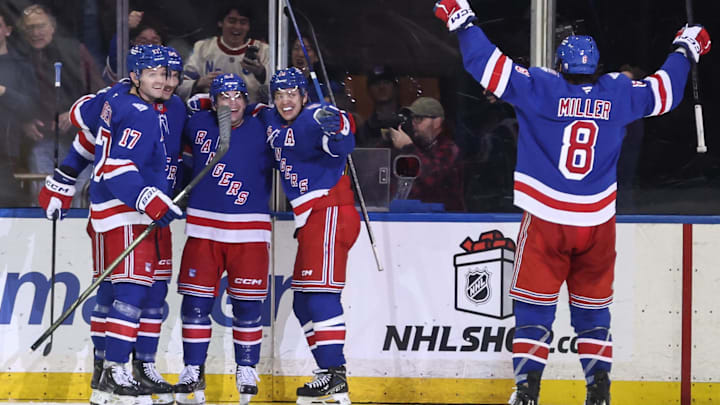 Dec 6, 2025; New York, New York, USA; New York Rangers left wing Conor Sheary (43) celebrates after scoring a goal in the third period at Madison Square Garden. Mandatory Credit: Wendell Cruz-Imagn Images Dec 6, 2025; New York, New York, USA; New York Rangers left wing Conor Sheary (43) celebrates after scoring a goal in the third period at Madison Square Garden. Mandatory Credit: Wendell Cruz-Imagn Images
