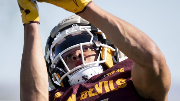 Reed Harris (#3 WR) catches a pass during ASU football practice at Kajikawa Practice fields in Tempe, Arizona, on March 19, 2026.