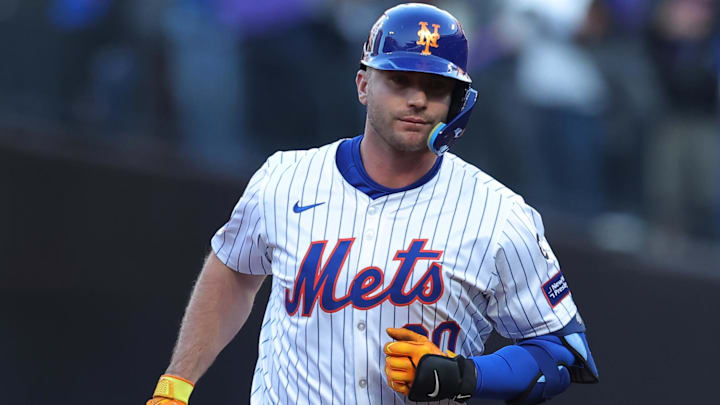 Oct 18, 2024; New York City, New York, USA; New York Mets first base Pete Alonso (20) runs the bases after hitting a three-run home run in the first inning against the Los Angeles Dodgers during game five of the NLCS for the 2024 MLB playoffs at Citi Field
