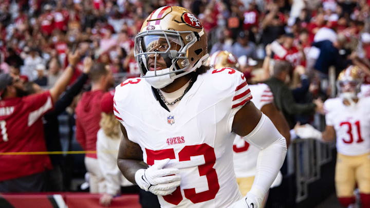 Jan 5, 2025; Glendale, Arizona, USA; San Francisco 49ers linebacker Dee Winters (53) against the Arizona Cardinals at State Farm Stadium. Mandatory Credit: Mark J. Rebilas-Imagn Images