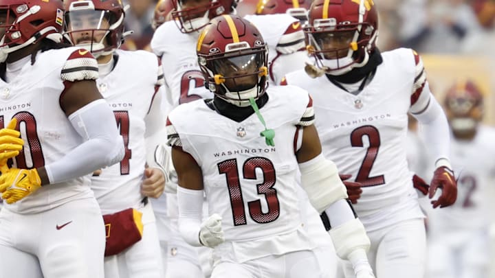 Jan 7, 2024; Landover, Maryland, USA; Washington Commanders cornerback Emmanuel Forbes (13) runs Jan 7, 2024; Landover, Maryland, USA; Washington Commanders cornerback Emmanuel Forbes (13) runs