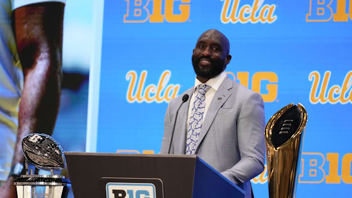 Jul 24, 2025; Las Vegas, NV, USA; UCLA head coach DeShaun Foster speaks to the media during the Big Ten NCAA college football media days at Mandalay Bay Resort. Mandatory Credit: Lucas Peltier-Imagn Images