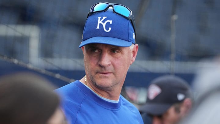Oct 10, 2024; Kansas City, Missouri, USA; Kansas City Royals manager Matt Quatraro (33) during warmups before a game against the New York Yankees for game four of the ALDS for the 2024 MLB Playoffs at Kauffman Stadium. Mandatory Credit: Denny Medley-Imagn Images