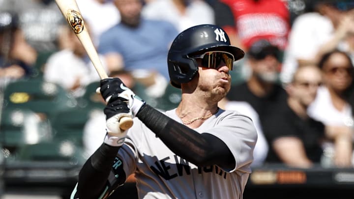 Aug 31, 2025; Chicago, Illinois, USA; New York Yankees outfielder Cody Bellinger (35) hits an RBI-double against the Chicago White Sox during the third inning at Rate Field. Mandatory Credit: Kamil Krzaczynski-Imagn Images Aug 31, 2025; Chicago, Illinois, USA; New York Yankees outfielder Cody Bellinger (35) hits an RBI-double against the Chicago White Sox during the third inning at Rate Field. Mandatory Credit: Kamil Krzaczynski-Imagn Images