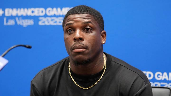 May 22, 2026; Las Vegas, NV, USA; Marvin Bracy-Williams (Track) at Enhanced Games press conference at Resorts World Las Vegas. Mandatory Credit: Kirby Lee-Imagn Images May 22, 2026; Las Vegas, NV, USA; Marvin Bracy-Williams (Track) at Enhanced Games press conference at Resorts World Las Vegas. Mandatory Credit: Kirby Lee-Imagn Images