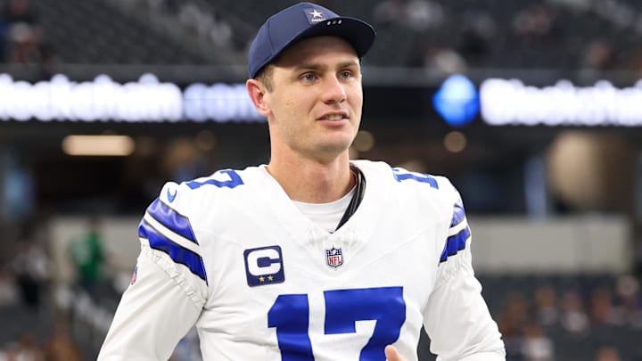 Dallas Cowboys kicker Brandon Aubrey looks on during warm-ups before the game against the Philadelphia Eagles.