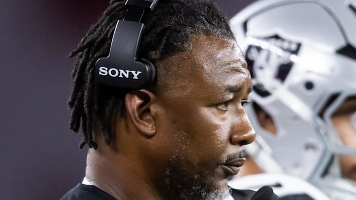 Aug 23, 2025; Glendale, Arizona, USA; Las Vegas Raiders defensive coordinator Patrick Graham against the Arizona Cardinals during a preseason NFL game at State Farm Stadium. Mandatory Credit: Mark J. Rebilas-Imagn Images
