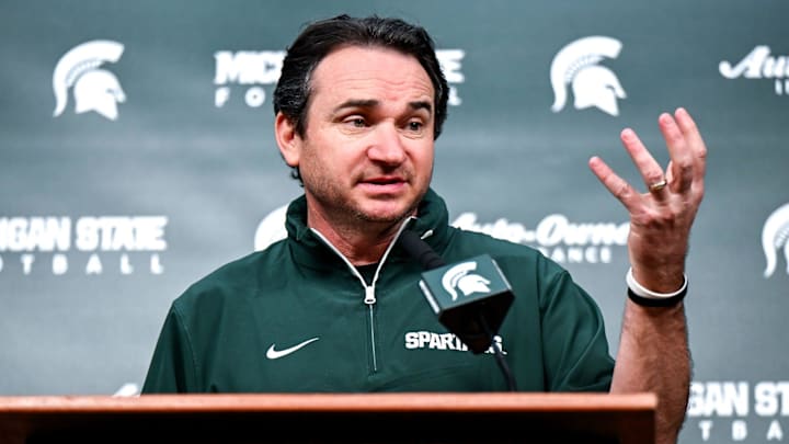 Michigan State coach Jonathan Smith talks the media on the first national signing day for college football recruits Wednesday, Dec. 4, 2024, at Spartan Stadium in East Lansing.
