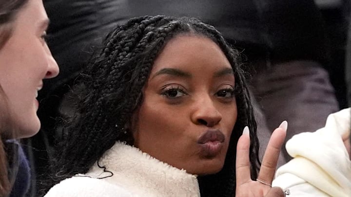 United States gymnast Simone Biles is pictured in the stands United States gymnast Simone Biles is pictured in the stands