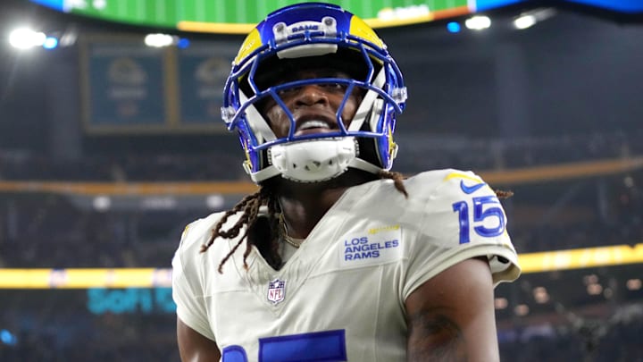 Oct 24, 2024; Inglewood, California, USA; Los Angeles Rams wide receiver Demarcus Robinson (15) celebrates after catching a 10-yard touchdown pass against the Minnesota Vikings in the second half at SoFi Stadium. Mandatory Credit: Kirby Lee-Imagn Images Oct 24, 2024; Inglewood, California, USA; Los Angeles Rams wide receiver Demarcus Robinson (15) celebrates after catching a 10-yard touchdown pass against the Minnesota Vikings in the second half at SoFi Stadium. Mandatory Credit: Kirby Lee-Imagn Images