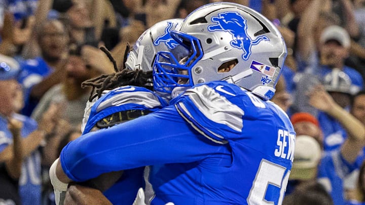 Detroit Lions running back Jahmyr Gibbs (0).