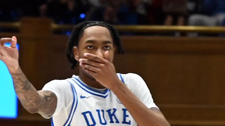 Feb 28, 2026; Durham, North Carolina, USA; Duke Blue Devils forward Isaiah Evans (3) reacts after hitting a three-pointer during the second half against the Virginia Cavaliers at Cameron Indoor Stadium.   Duke won 77-51.  Mandatory Credit: Rob Kinnan-Imagn Images