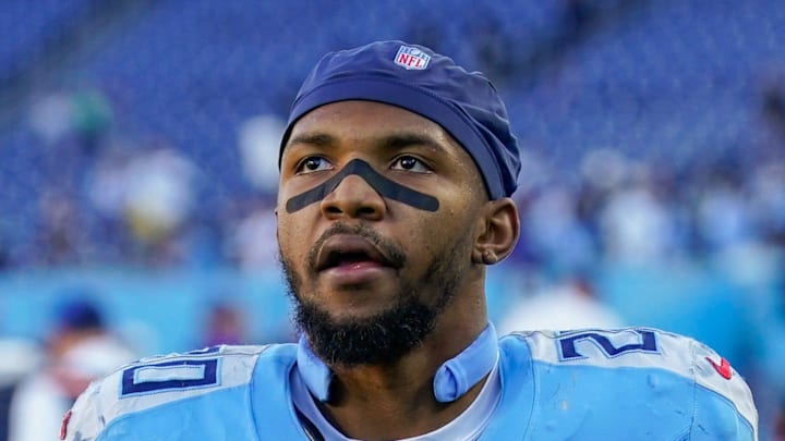 Tennessee Titans running back Tony Pollard (20) exits the field after the game against the Seattle Seahawks at Nissan Stadium in Nashville, Tenn., Sunday, Nov. 23, 2025.