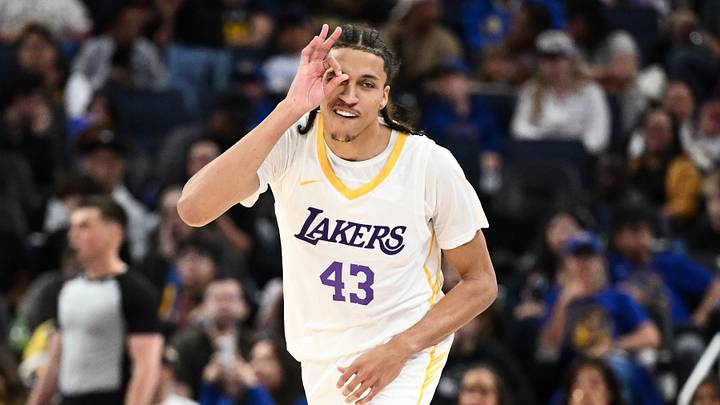 Cameron Carr #43 of the Los Angeles Lakers reacts after making a three-point shot. (Photo by Thien-An Truong/Getty Images)