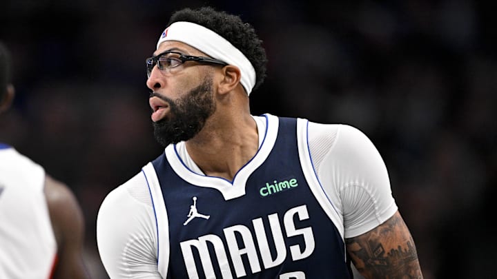 Dec 18, 2025; Dallas, Texas, USA; Dallas Mavericks forward Anthony Davis (3) celebrates after making a three point basket against the Detroit Pistons during the second half at the American Airlines Center. Mandatory Credit: Jerome Miron-Imagn Images