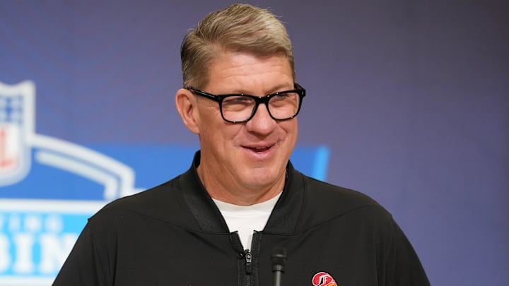 Feb 24, 2026; Indianapolis, IN, USA; Tampa Bay Buccaneers general manager Jason Licht speaks at the NFL Scouting Combine at the Indiana Convention Center. Mandatory Credit: Kirby Lee-Imagn Images
