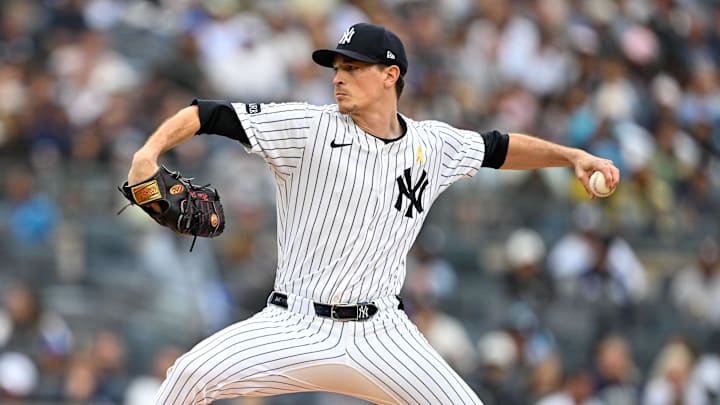 Sep 7, 2025; Bronx, New York, USA; New York Yankees starting pitcher Max Fried (54) pitches the ball during the third inning against the Toronto Blue Jays at Yankee Stadium. Mandatory Credit: Mark Smith-Imagn Images