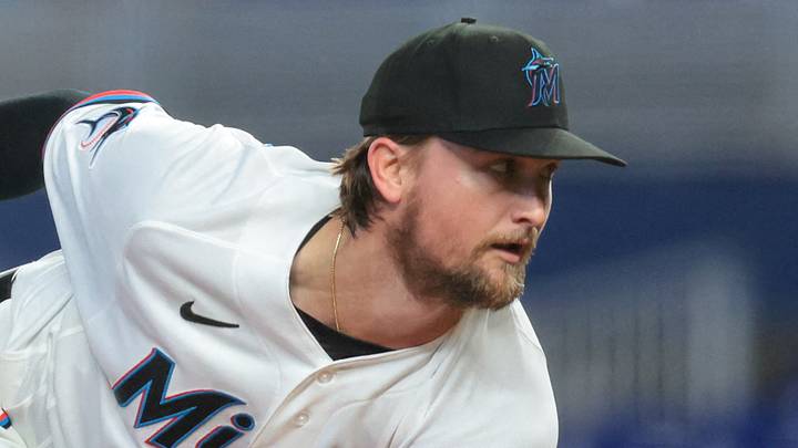 May 19, 2026; Miami, Florida, USA; Miami Marlins starting pitcher Braxton Garrett (20) delivers a pitch against the Atlanta Braves during the first inning at loanDepot Park. Mandatory Credit: Sam Navarro-Imagn Images