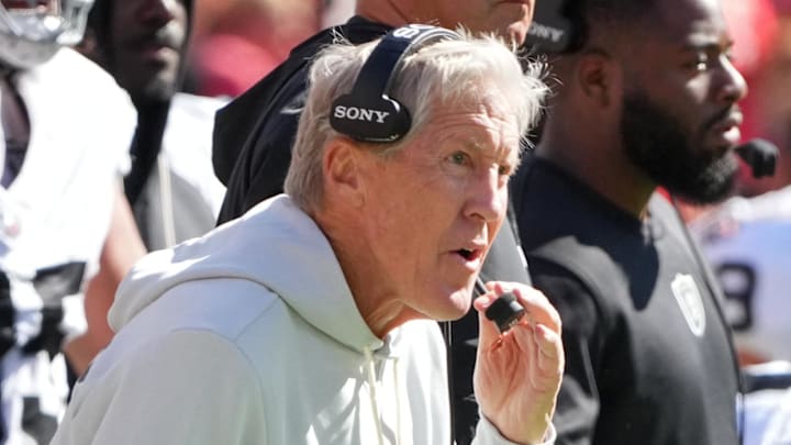 Oct 19, 2025; Kansas City, Missouri, USA; Las Vegas Raiders head coach Pete Carroll looks on during the second quarter of the game against the Kansas City Chiefs at GEHA Field at Arrowhead Stadium. Mandatory Credit: Denny Medley-Imagn Images Oct 19, 2025; Kansas City, Missouri, USA; Las Vegas Raiders head coach Pete Carroll looks on during the second quarter of the game against the Kansas City Chiefs at GEHA Field at Arrowhead Stadium. Mandatory Credit: Denny Medley-Imagn Images