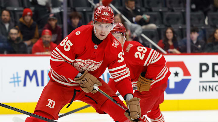 Dec 2, 2025; Detroit, Michigan, USA;  Detroit Red Wings left wing Elmer Soderblom (85) skates with the puck in the second period against the Boston Bruins at Little Caesars Arena. Mandatory Credit: Rick Osentoski-Imagn Images