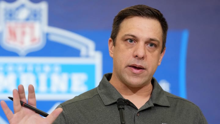 Feb 24, 2026; Indianapolis, IN, USA; Kansas City Chiefs general manager Brett Veach speaks at the NFL Scouting Combine at the Indiana Convention Center. Mandatory Credit: Kirby Lee-Imagn Images
