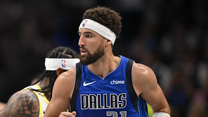 Oct 28, 2024; Dallas, Texas, USA; Dallas Mavericks guard Klay Thompson (31) in action during the game between the Dallas Mavericks and the Utah Jazz at the American Airlines Center. Mandatory Credit: Jerome Miron-Imagn Images