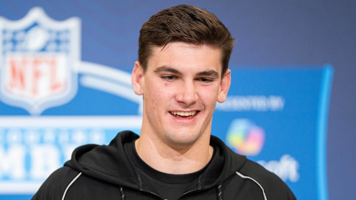 Feb 27, 2026; Indianapolis, IN, USA; Alabama quarterback Ty Simpson (QB17) speaks to members of the media during the NFL Combine at the Indiana Convention Center. Mandatory Credit: Jacob Musselman-Imagn Images Feb 27, 2026; Indianapolis, IN, USA; Alabama quarterback Ty Simpson (QB17) speaks to members of the media during the NFL Combine at the Indiana Convention Center. Mandatory Credit: Jacob Musselman-Imagn Images