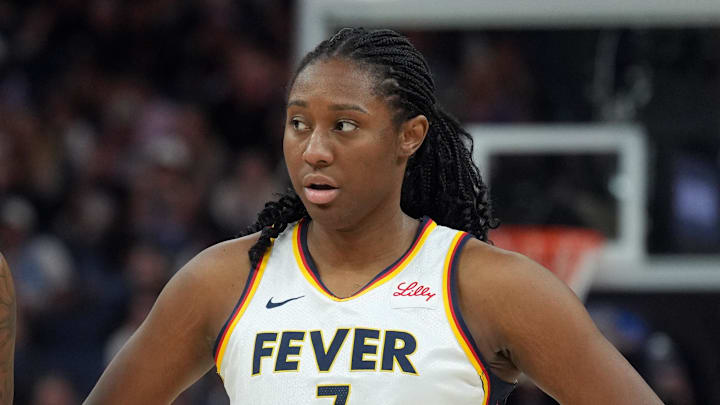 Aug 31, 2025; San Francisco, California, USA; Indiana Fever forwards Natasha Howard (6) and Aliyah Boston (7) stand on the court during the third quarter against the Golden State Valkyries at Chase Center. Mandatory Credit: Darren Yamashita-Imagn Images
